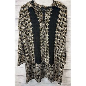 Alfani Sheer Chain Print Blouse Women's Size 14 Black Gold Button Front Top